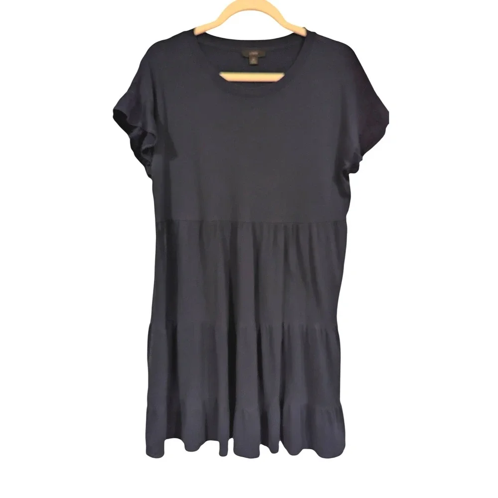 J. Crew Navy Blue Tiered Dress Short Sleeve‎ Casual Cotton Size M
